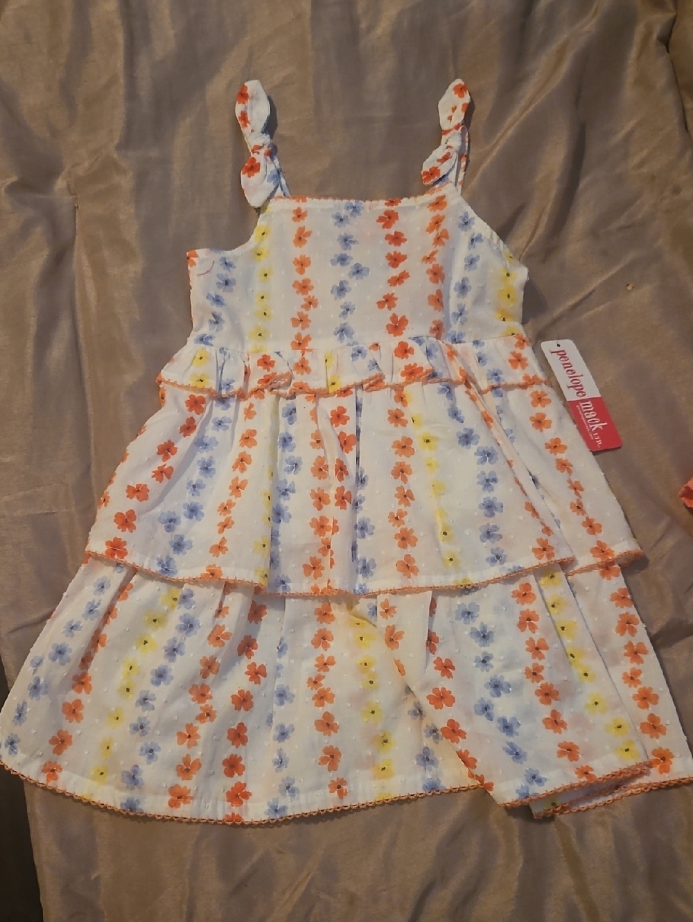Penelope Mack White Floral Tiered Sundress with Orange, Blue & Yellow Stripes